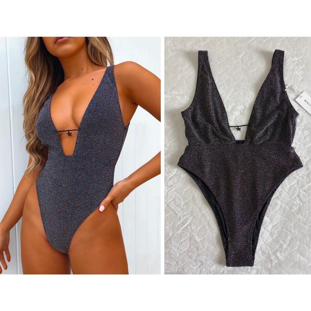NWT White Fox Size L FIREWORKS ONE PIECE SWIMSUIT RAINBOW LUREX BLACK GLITTER